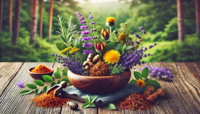A peaceful setting featuring a wooden bowl filled with medicinal herbs like St. John's Wort, Rhodiola Rosea, Ashwagandha, Saffron, and Lavender, placed on a rustic table with a lush green forest in the background.