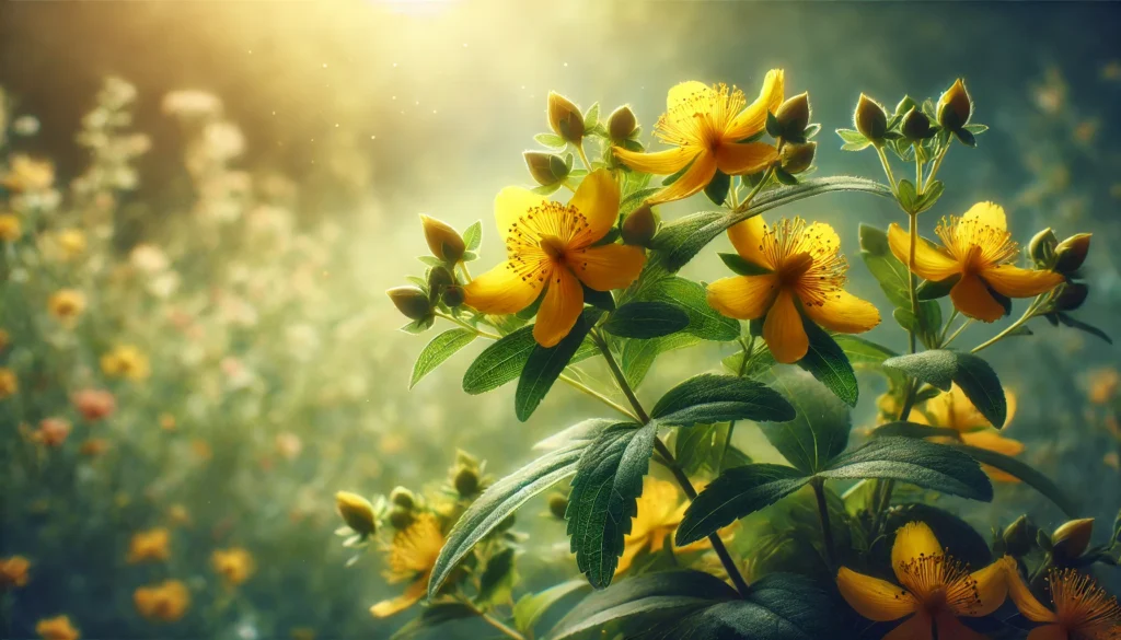 A close-up of vibrant yellow St. John's Wort flowers and leaves, bathed in warm sunlight against a softly blurred meadow, symbolizing its use in mood support and natural antidepressant properties.