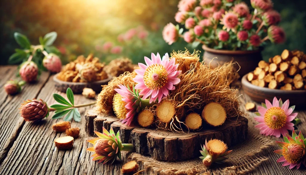 Freshly harvested Rhodiola Rosea roots with a golden-brown texture, alongside delicate pinkish-red flowers, arranged on a wooden surface with a blurred natural background, emphasizing its adaptogenic benefits.