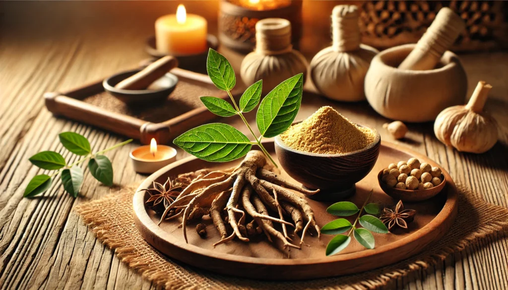 A calming composition of Ashwagandha roots, powder, and fresh leaves on a wooden tray, with earthy tones and soft candlelight in the background, evoking relaxation and stress relief.
