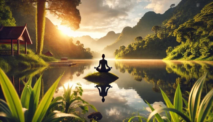A serene natural landscape with a person meditating near a calm lake at sunrise, surrounded by lush greenery and mountains, symbolizing inner peace and holistic healing.