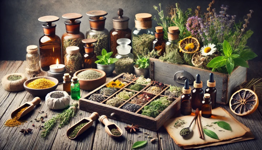 A rustic wooden table displaying natural remedies such as fresh herbs, essential oils, and dried medicinal plants, representing holistic healing for mental well-being.