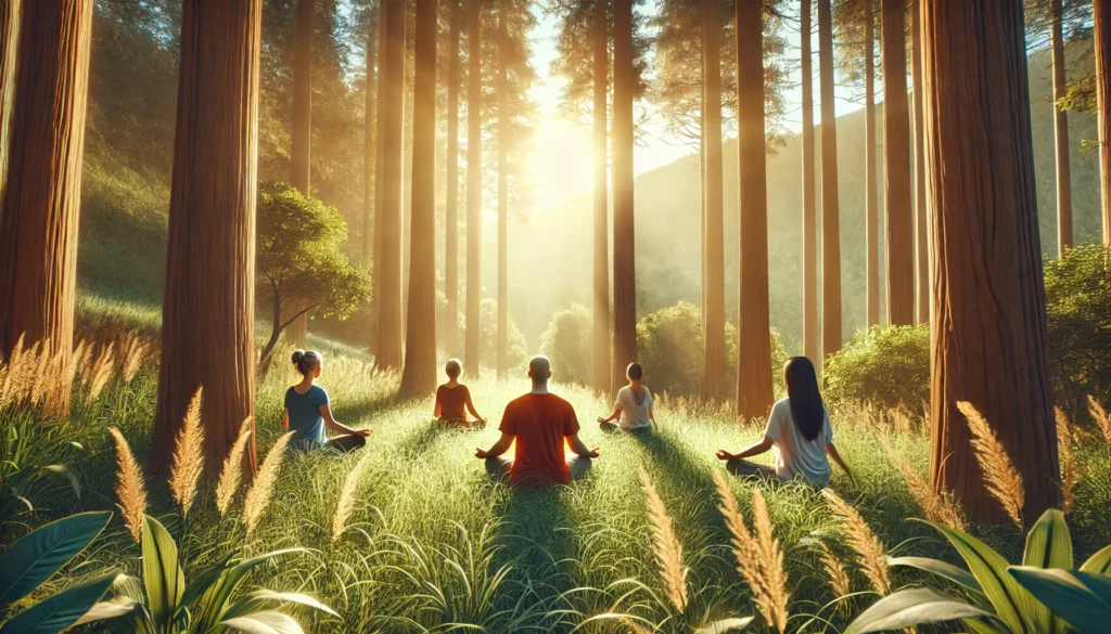 A peaceful yoga and meditation session in a sunlit forest, with a group of people practicing mindfulness among tall trees and soft grass, symbolizing holistic approaches to mental health.