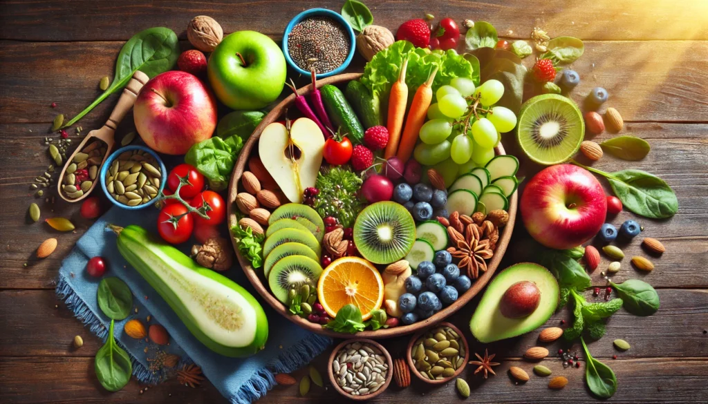 A vibrant bowl of nutritious foods, including fresh fruits, nuts, seeds, and leafy greens, beautifully arranged on a wooden table, representing a holistic diet for mental wellness.
