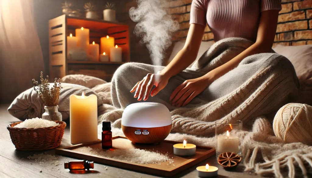 A warm and cozy indoor setting featuring a person enjoying aromatherapy. A diffuser releases a gentle mist of essential oils, surrounded by softly glowing candles, plush blankets, and ambient lighting, creating a soothing atmosphere for mental relaxation and well-being.