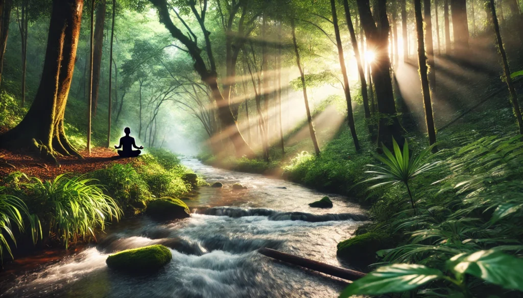 A peaceful forest setting where a person meditates beside a gently flowing river. Sunlight filters through the trees, creating a tranquil atmosphere that symbolizes the power of mindfulness and nature therapy in supporting mental well-being.