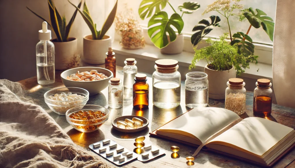 A minimalist wellness space featuring natural supplements such as omega-3 fish oil capsules, magnesium, and amino acids in small glass dishes. The background has soft sunlight, green plants, and a wellness journal, reflecting a holistic approach to anxiety and depression relief.