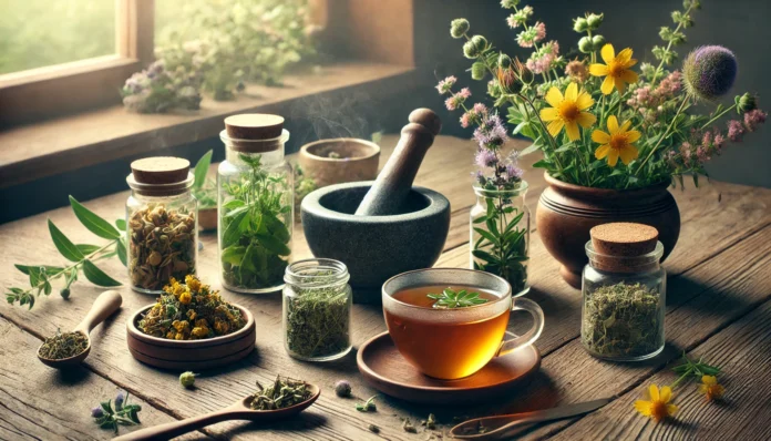 A serene wooden table with an assortment of medicinal herbs, including St. John’s Wort, Rhodiola, and Ashwagandha, in glass jars and wooden bowls. A mortar and pestle with crushed herbs and a steaming cup of herbal tea are bathed in soft natural light, symbolizing holistic alternatives for anxiety and depression.