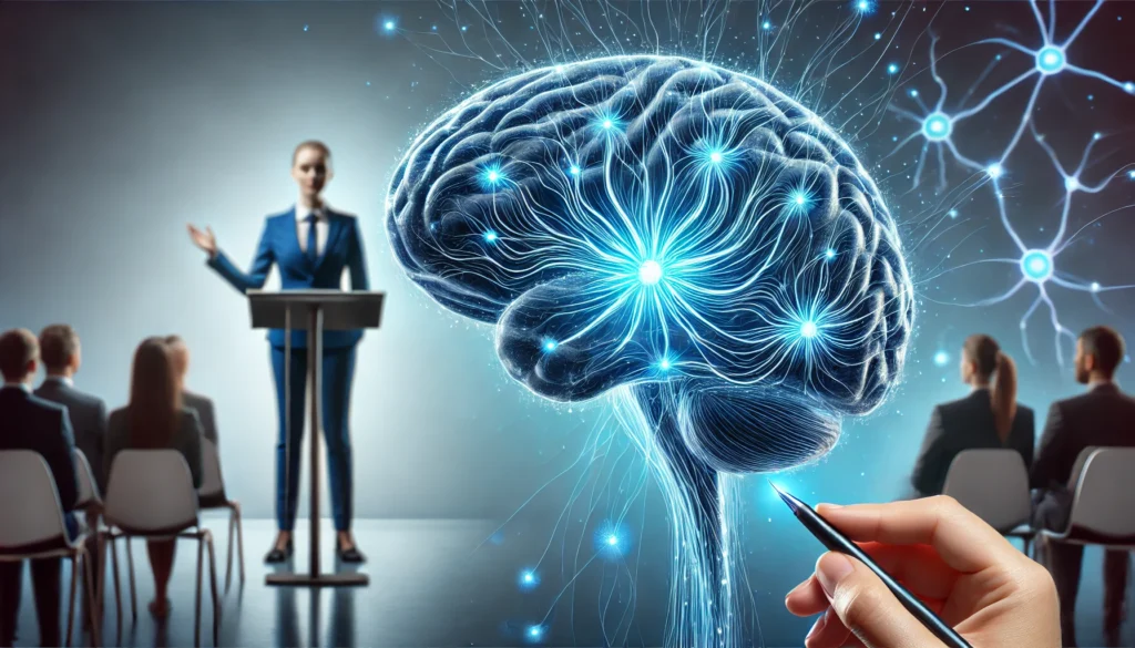 A conceptual visualization of a brain with illuminated neural pathways glowing in blue, symbolizing calmness and control. In the background, a public speaker confidently addresses an audience, representing how beta blockers help manage public speaking anxiety.