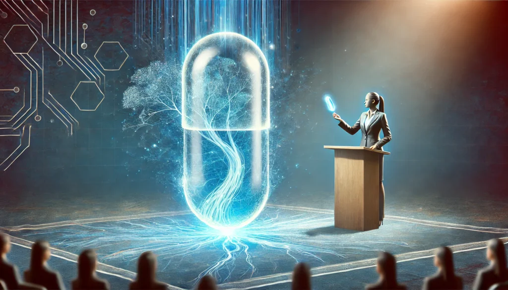 A conceptual illustration of a dissolving pill releasing a soothing blue aura around a speaker, visually symbolizing the calming effects of beta blockers on public speaking anxiety.
Image 4: A side-by-side comparison of two public speakers—one visibly nervous and sweating, the other composed and confident, separated by a glowing line representing the effects of beta blockers on stage performance.