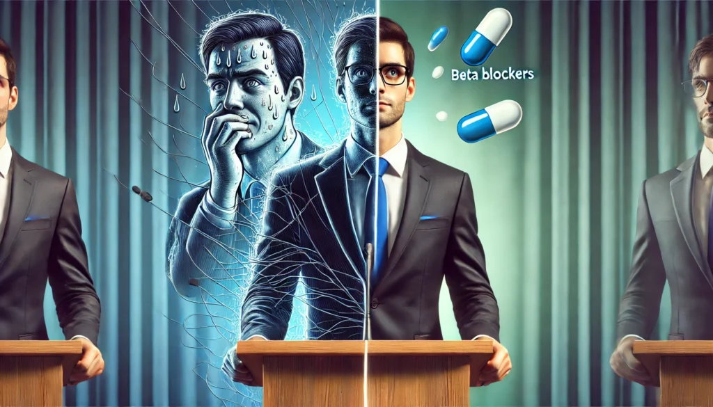 A split-vision effect of a speaker at a podium—one side showing visible anxiety and nervousness, while the other side appears calm and composed, representing the transformative effect of beta blockers.