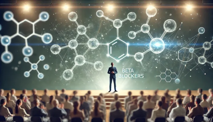 A confident speaker stands on stage under a spotlight, with a subtle overlay of molecular structures symbolizing beta blockers, illustrating how these medications help reduce anxiety in public speaking.