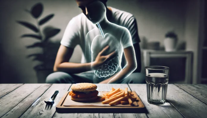 A conceptual image of a person sitting at a table with untouched food, exhibiting fatigue and disinterest. A ghostly outline of their stomach suggests nausea or discomfort, emphasizing the link between depression and appetite loss.