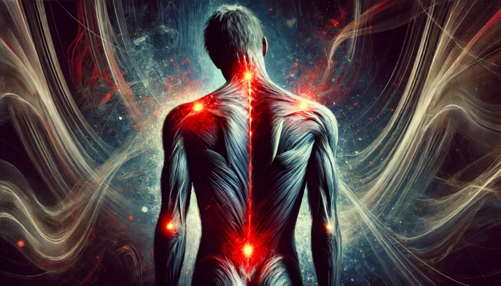 A symbolic depiction of body aches due to depression. A person stands hunched, with glowing red pain points on their neck, shoulders, and lower back. Dark, abstract surroundings highlight tension and chronic pain.