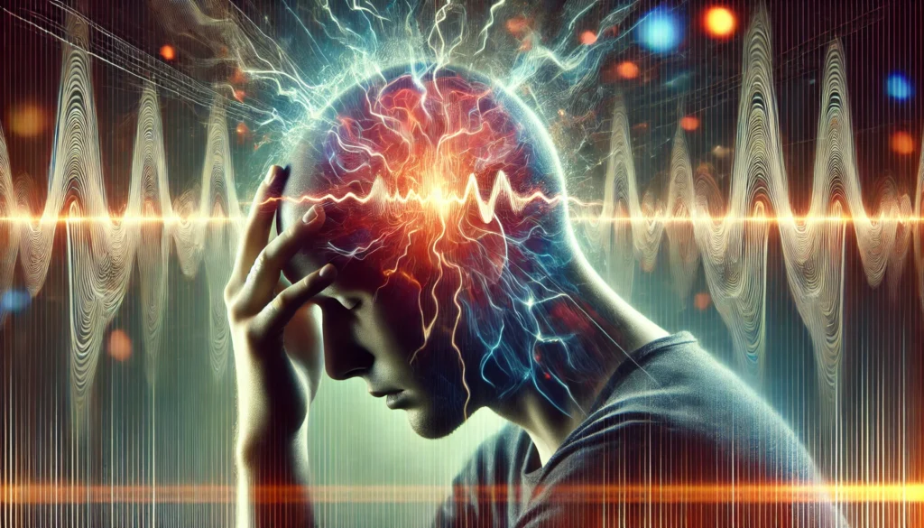 A conceptual illustration of a person holding their head in pain, with glowing pulsating waves radiating from their temples. The background is blurred and distorted, symbolizing dizziness, mental fog, and discomfort caused by depression.