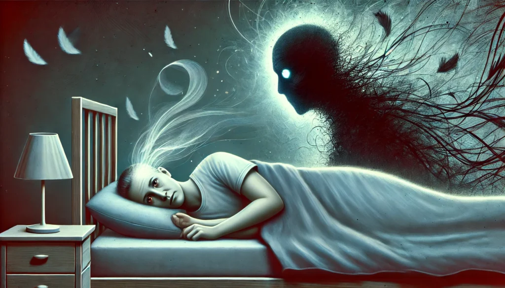 A surreal illustration of a person lying in bed with dark circles under their eyes, unable to sleep. A heavy, shadowy presence looms over them, symbolizing insomnia and exhaustion. Wisps of abstract energy swirl around, representing restless thoughts and disrupted sleep patterns.