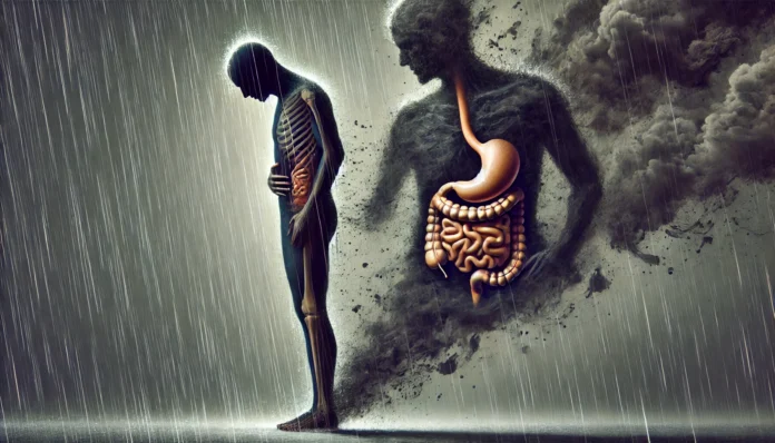 A surreal depiction of the physical impact of depression. A person stands in the rain, their elongated shadow stretching unnaturally behind them, symbolizing chronic fatigue. Their semi-transparent body represents weakness and exhaustion. A swirling dark mist surrounds their stomach area, indicating digestive issues. Their head is enveloped in a stormy cloud, illustrating headaches and brain fog. The overall atmosphere is gloomy, emphasizing the physical weight of depression.