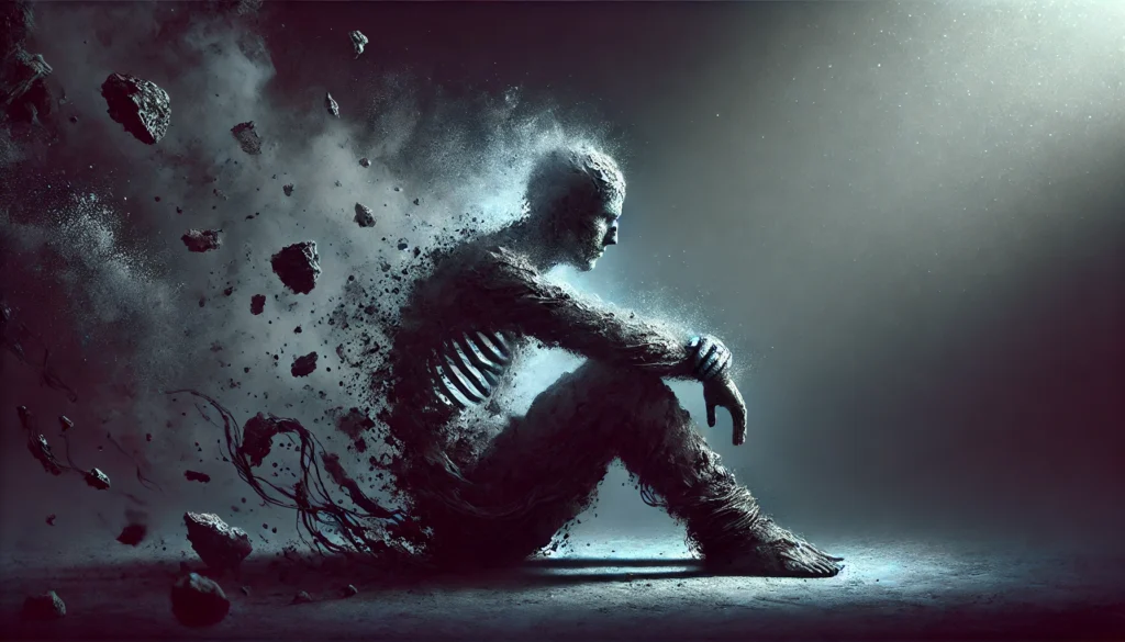 A symbolic digital painting portraying the physical effects of depression. A person sits curled up in a dark room, their body appearing fragmented and dissolving into the air, symbolizing exhaustion and weakness. A cold mist surrounds their chest, indicating breathing difficulties. Their arms and legs are entangled in dark vines, representing body aches and fatigue. A soft glow around their head highlights dizziness and headaches. The overall mood is melancholic and isolating