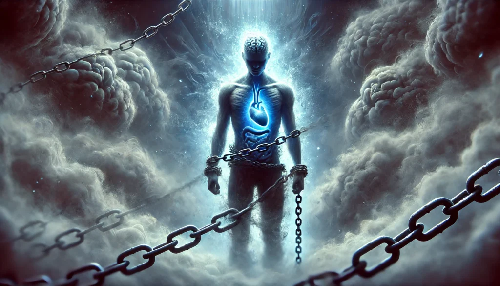 A surreal illustration showing how depression manifests physically. A person stands in a foggy environment with heavy chains wrapped around their limbs, symbolizing fatigue and body pain. Their blurred face represents brain fog. A cold blue glow around their chest suggests breathing difficulties and heart palpitations, while a dark aura around their stomach highlights digestive issues. The atmosphere conveys sadness and physical distress.