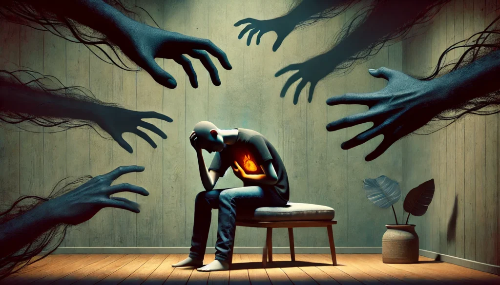A conceptual digital artwork illustrating the physical symptoms of depression. A person sits alone in a dimly lit room, holding their head as if experiencing a headache. Shadowy hands extend from the walls, symbolizing fatigue and chronic pain. A faint glow around their chest represents heart palpitations, while their hands clutch their stomach, indicating digestive distress. The atmosphere is heavy and melancholic, visually representing the toll of depression on the body.