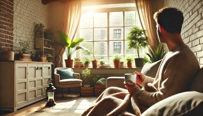 A cozy living room with large windows allowing natural sunlight to brighten the space. A person sits on a comfortable couch, wrapped in a blanket, enjoying a cup of tea. Green plants and warm lighting create a calming atmosphere, highlighting the importance of natural light for mental well-being.