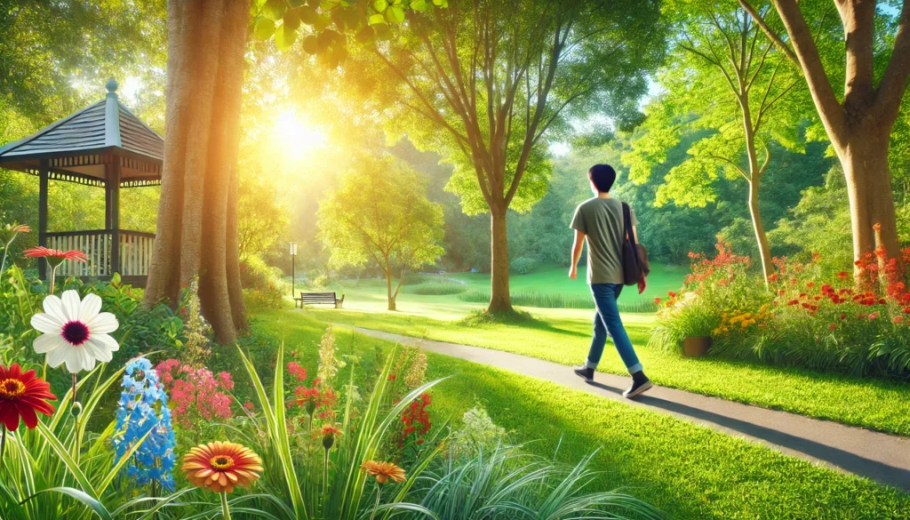 A person walking through a lush green park on a sunny day, surrounded by tall trees and colorful flowers. The serene outdoor setting promotes the benefits of fresh air, exercise, and sunlight exposure for improving mood and reducing Seasonal Affective Disorder
