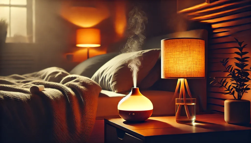 A cozy bedroom with warm ambient lighting from a bedside lamp. The soft blankets and a glowing diffuser create a tranquil atmosphere, emphasizing the role of sleep hygiene and relaxation in managing seasonal mood changes.