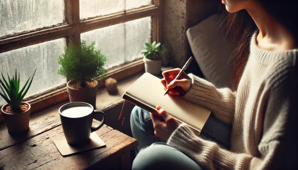 A person sitting by a window in a cozy setting, journaling in a notebook while sipping a warm drink. Natural light fills the space, with a small indoor plant on the table, symbolizing the benefits of mindfulness, self-reflection, and gratitude in maintaining mental wellness.