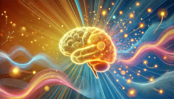 A glowing, golden brain emitting radiant waves of warmth and energy, symbolizing serotonin’s role in joy and positivity. Abstract neural connections with soft light trails surround the brain, set against a soothing gradient of blue and orange hues.