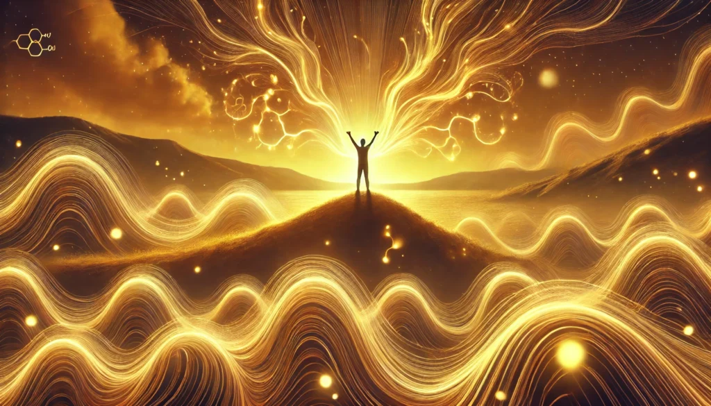 A person stands on a hilltop at sunrise with arms raised joyfully, surrounded by glowing abstract waves representing serotonin flow. The warm, golden atmosphere signifies happiness, mental well-being, and emotional balance.