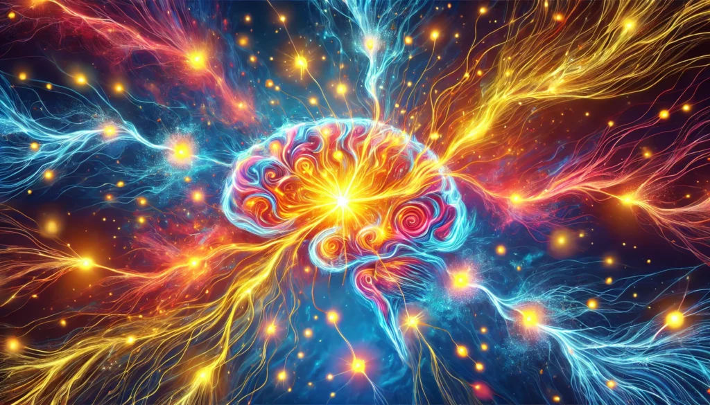 A vibrant neural network with electric-blue and golden synapses firing, symbolizing serotonin’s role in mood regulation. Swirling bursts of yellow, orange, and pink radiate joy and emotional stability, against a deep blue background.