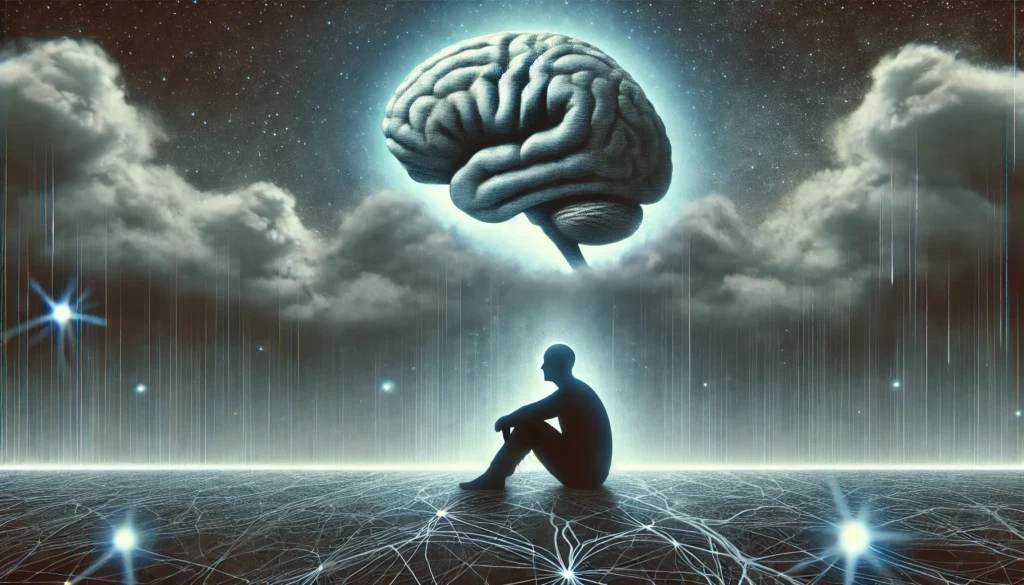 A solitary figure sits under a dark, cloudy sky with a dimly lit brain outline above, representing serotonin deficiency. Cool, desaturated blue and gray tones evoke sadness and anxiety, with faint, disconnected neural pathways symbolizing the impact on mood.