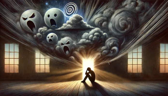 A digital painting illustrating anxiety and depression symptoms. A person sits alone in a dimly lit room, head in hands, surrounded by swirling dark clouds representing intrusive thoughts. A small ray of light from a distant window symbolizes hope.