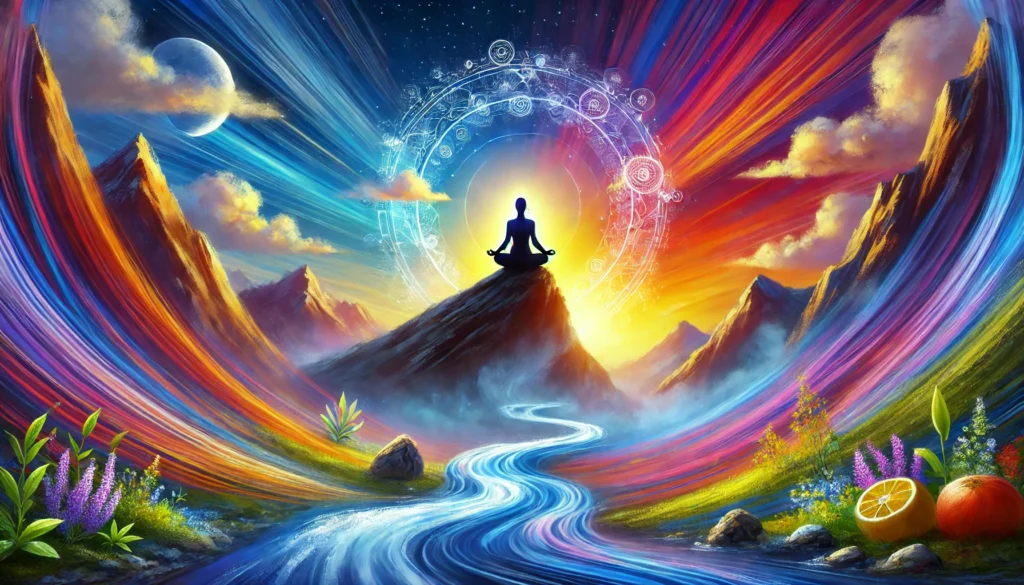 A serene digital painting representing stress management and mental well-being. A person meditates on a mountain top, surrounded by a calming aura, with a vibrant sunrise and flowing water symbolizing balance and mindfulness.