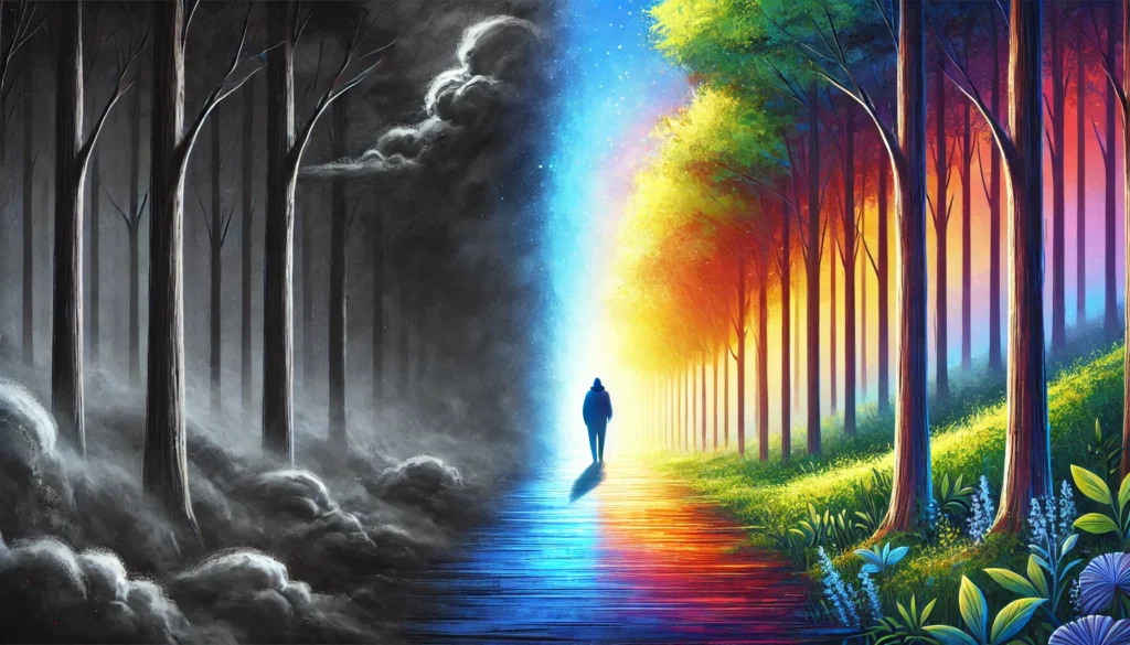 A symbolic digital painting depicting the struggle with anxiety and depression. A person walks through a foggy dark forest, but behind them, a bright, colorful path emerges, symbolizing recovery and hope.