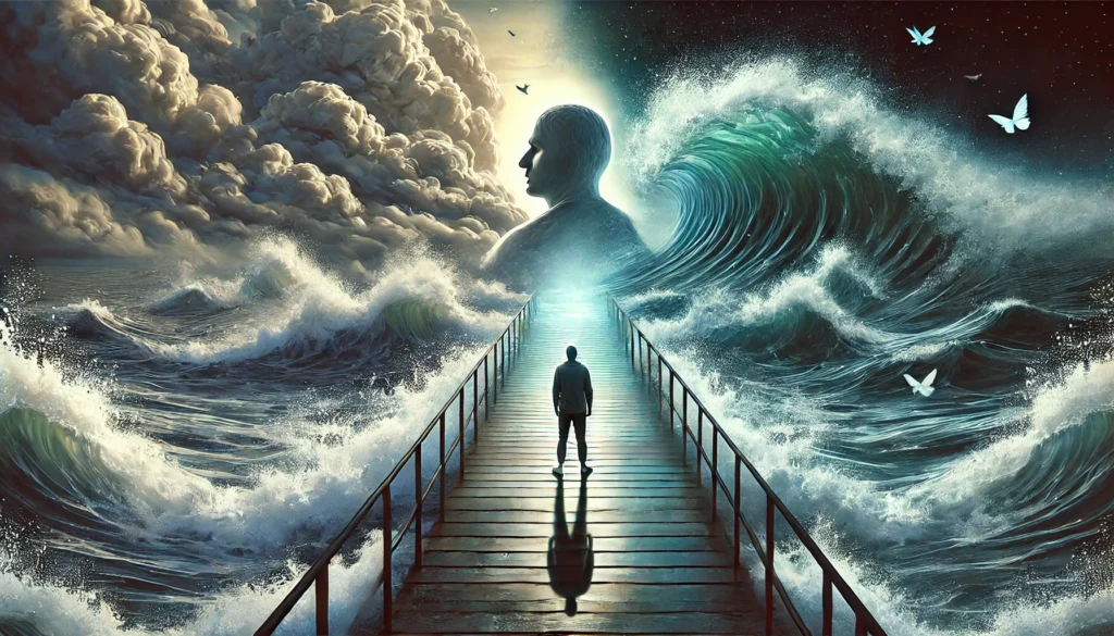 A surreal digital painting illustrating the battle between turmoil and peace. A person stands at the edge of a stormy ocean, with crashing waves, while a calmer reflection of themselves appears in the water, symbolizing resilience and emotional healing.