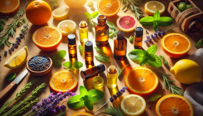 A vibrant flat lay of essential oils with small glass bottles surrounded by fresh citrus fruits, mint leaves, rosemary, and lavender on a sunlit background, evoking energy and happiness.