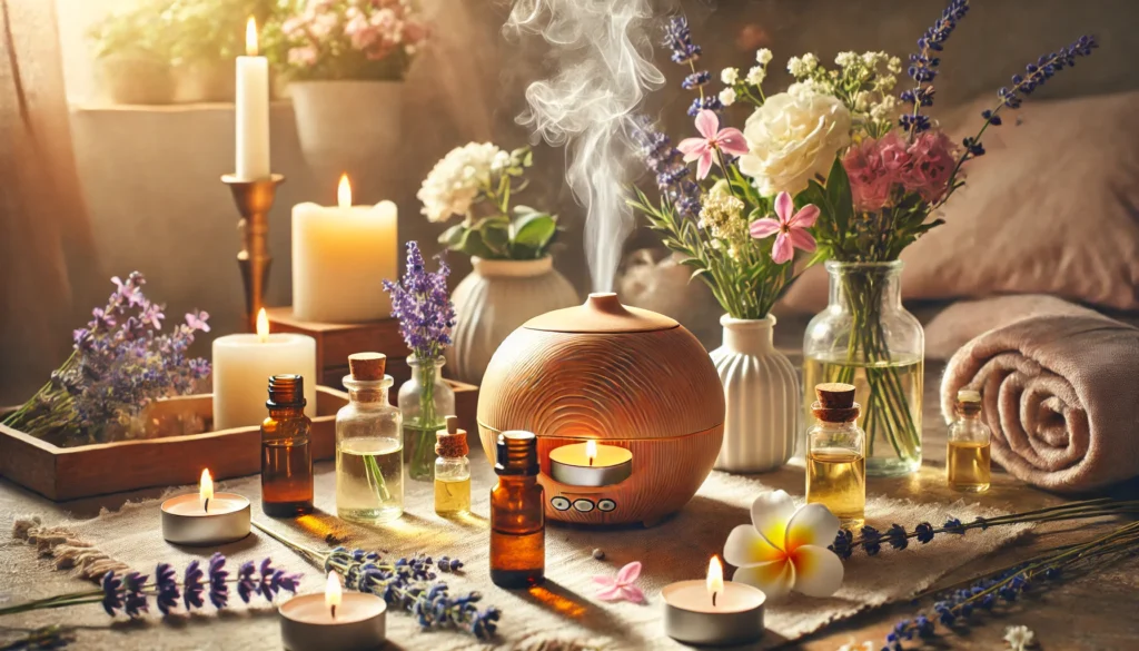 A peaceful aromatherapy setting with essential oil diffusers releasing mist, surrounded by lit candles, glass bottles of oils, and fresh flowers like lavender and jasmine, creating a warm and relaxing ambiance.