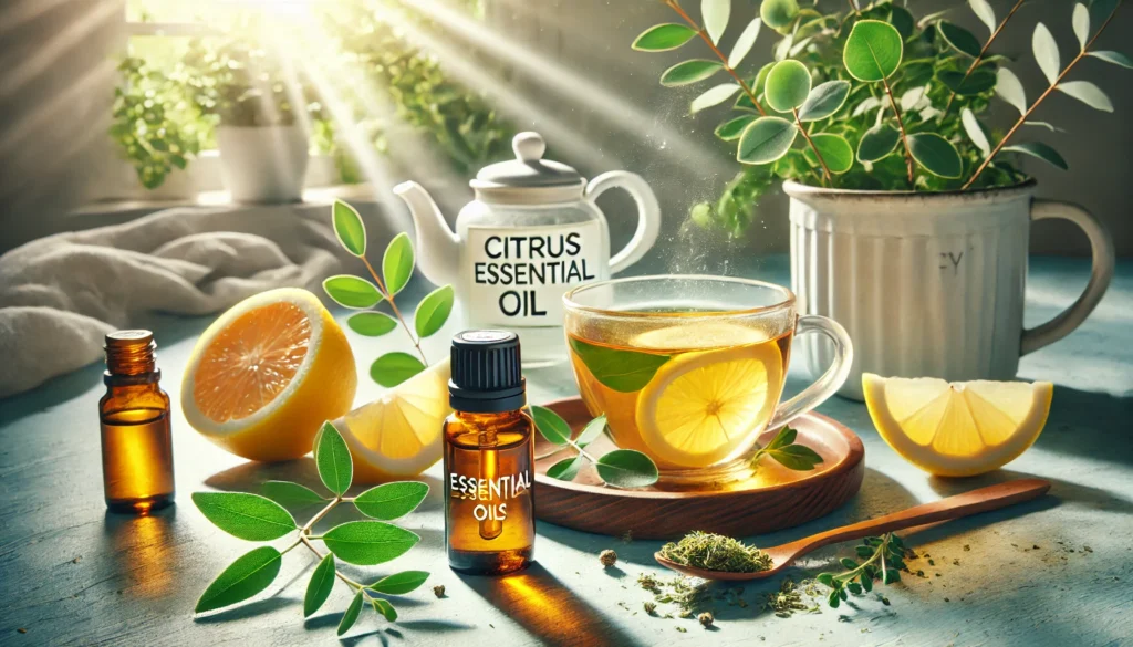 A refreshing morning scene with a glass bottle of citrus essential oil next to a cup of herbal tea, fresh lemon slices, and eucalyptus leaves, bathed in natural sunlight for an energizing start to the day.