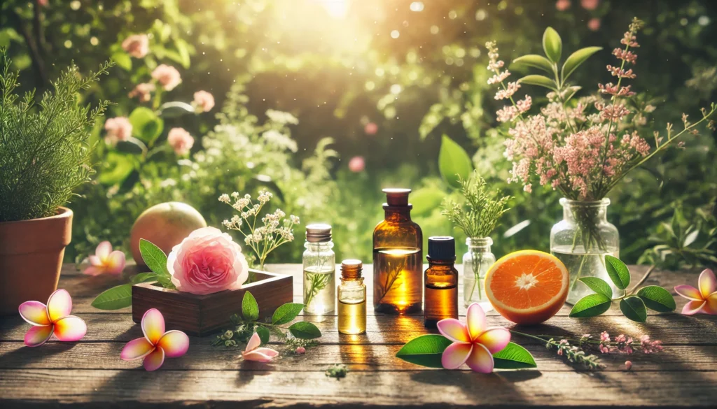 A serene outdoor setting with essential oils displayed on a wooden table, surrounded by fresh flowers, citrus fruits, and lush greenery, illuminated by soft sunlight for a calming and uplifting atmosphere.