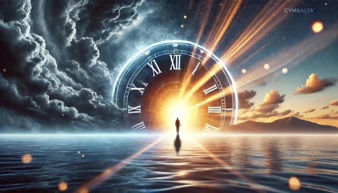 A conceptual digital painting showing the transition from dark storm clouds to a radiant sunrise over a calm sea. A blurred clock in the background represents time passing, while a glowing figure at the horizon symbolizes relief from depression, anxiety, and pain.