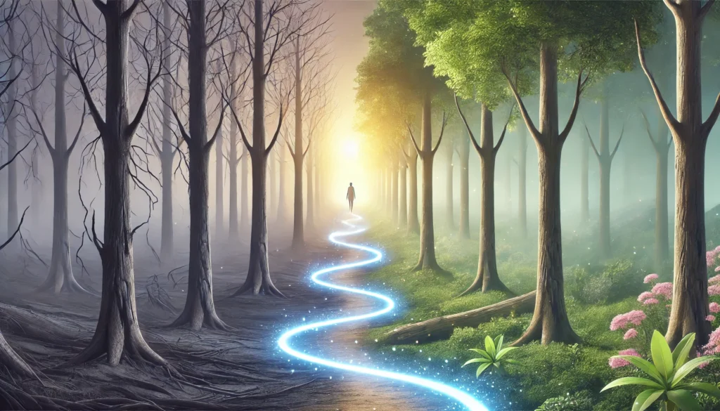 A surreal scene of a misty forest pathway where trees on the left are dark and withered, while those on the right are lush and full of life. A glowing trail on the path represents gradual improvement, with a soft sunrise in the background symbolizing hope.