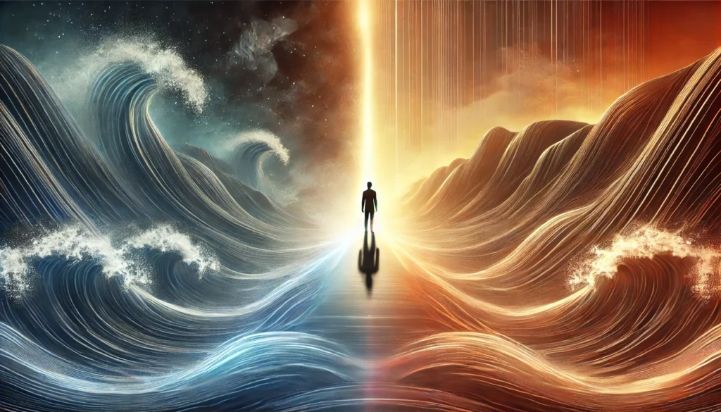 An abstract representation of Cymbalta’s effects over time. A silhouette of a person stands between two contrasting landscapes—one side dark and stormy, the other bright and peaceful. A glowing bridge connects the two sides, illustrating the transition to emotional and physical relief.