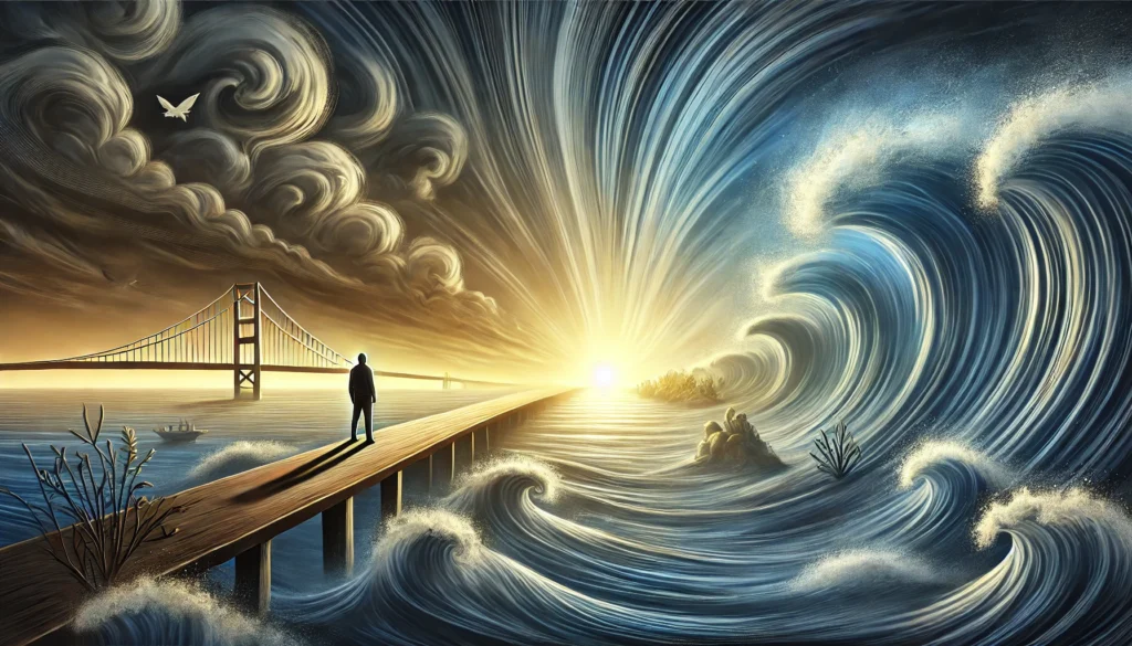 A metaphorical image of a person standing at the edge of a turbulent ocean, with crashing waves symbolizing pain and distress. In the distance, a glowing bridge leads to a peaceful sunlit island, representing the gradual journey toward relief from depression, anxiety, and pain.