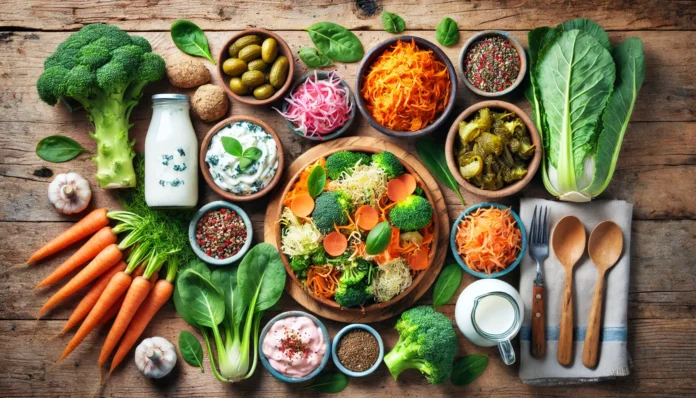 A vibrant top-down view of a gut-healthy meal featuring fermented foods like kimchi, sauerkraut, yogurt, and kefir, along with fiber-rich vegetables such as broccoli, carrots, and leafy greens, all arranged on a rustic wooden table.