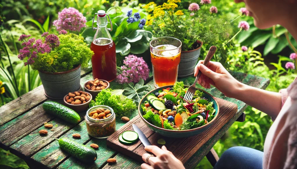 A lush, green outdoor setting with a person practicing mindful eating, slowly enjoying a colorful salad filled with gut-friendly foods like leafy greens, nuts, and fermented vegetables, with a glass of kombucha on the side.