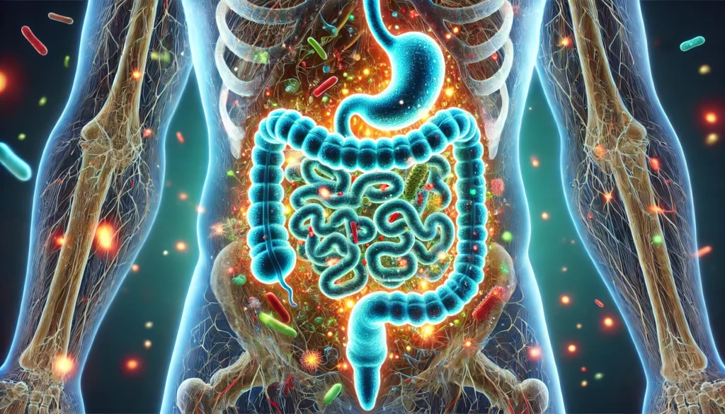 A scientific representation of the human gut microbiome, showing a glowing digestive tract filled with diverse and healthy bacteria, symbolizing a balanced and thriving gut environment.