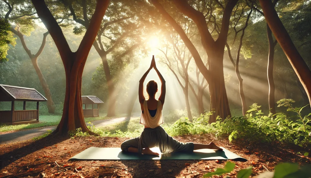 A serene morning yoga scene in a natural park, where a person is practicing gentle stretches and deep breathing, symbolizing stress reduction for better gut health, with sunlight filtering through the trees.