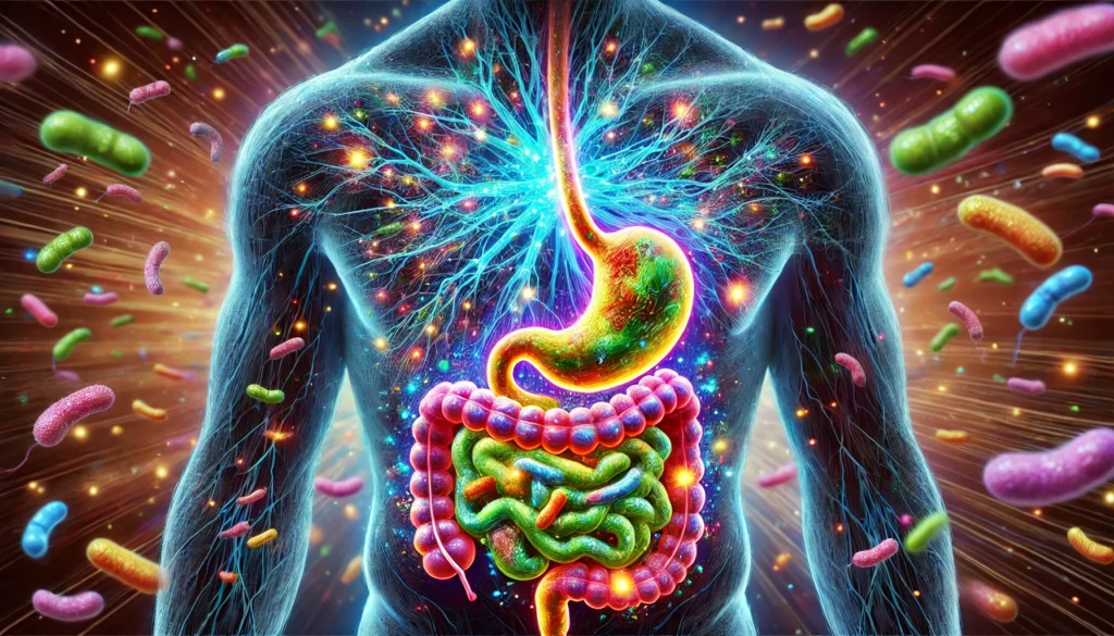 A surreal visualization of the gut-brain connection, depicting a glowing neural network intertwined with a vibrant microbiome inside a human torso. The colorful, dynamic bacteria symbolize the positive impact of probiotics on mental and gut health.