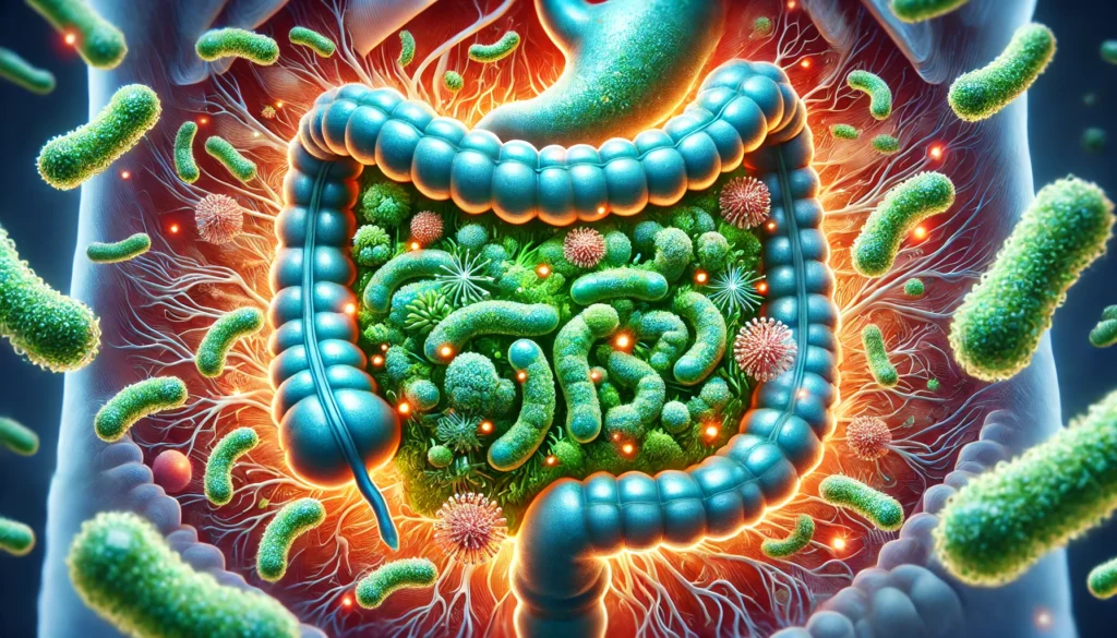 A detailed and vibrant artistic representation of probiotics enhancing gut health, featuring a lush ecosystem of beneficial bacteria thriving inside the digestive tract. The glowing, friendly microorganisms illustrate a healthy digestive balance.